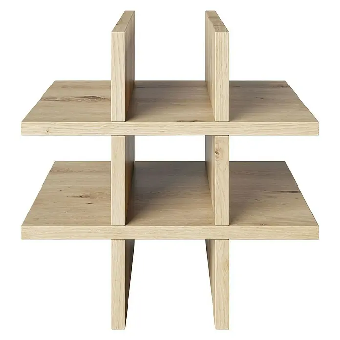 Phönix Fortuna Einsatz - L x B x H: 33,4 x 34,1 x 34,1 cm, Eiche, Holzwerkstoff - Das Bild zeigt ein modernes, helles Holzregal mit einem einzigartigen Design, das Funktionalität und Ästhetik vereint.