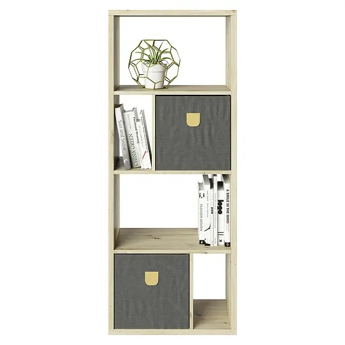 Phönix Fortuna Raumteiler mit Stauraumboxen - H x B x T: 146,6 x 58 x 34 cm, Eiche - Ein helles Holzregal mit Pflanzen, Büchern und Aufbewahrungsboxen, die Funktionalität und Stil vereinen.