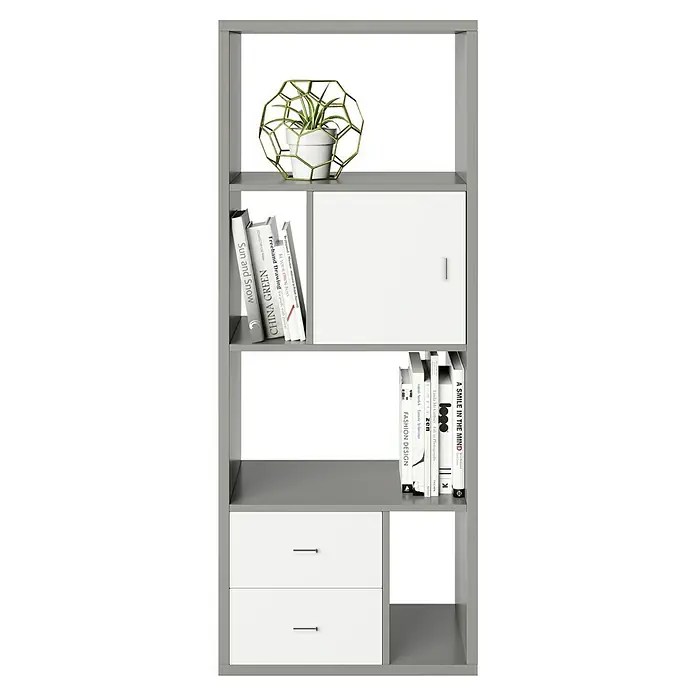 Phönix Fortuna Raumteiler - H x B x T: 146,6 x 58 x 34 cm, Grau - Das graue Bücherregal mit weißen Schubladen und einem Schrankfach bietet viel Stauraum und ein modernes Design.
