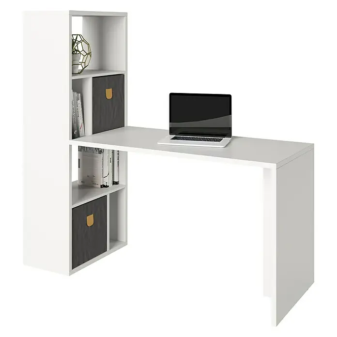Phönix Fortuna Regalschreibtisch - Weiß, Anzahl Fächer: 6 Stk. - Moderner weißer Schreibtisch mit integriertem Regal und Laptop darauf, ideal für das Homeoffice oder Arbeitszimmer. Stilvoll und funktional.
