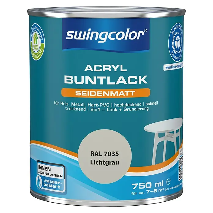 swingcolor Buntlack Acryl - Lichtgrau, Seidenmatt, 750 ml, Wasserbasiert - Farbdose Swingcolor Acryl Buntlack Seidenmatt Lichtgrau RAL 7035, geeignet für Holz, Metall und Hart-PVC, 750 ml.