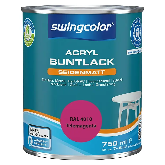 swingcolor Buntlack Acryl - Telemagenta, Seidenmatt, 750 ml, Wasserbasiert - Dose Swingcolor Acryl Buntlack Seidenmatt, Farbe Telemagenta RAL 4010, geeignet für Holz, Metall und Hart-PVC. Wasserbasierter Lack für Innen- und Außenbereiche.