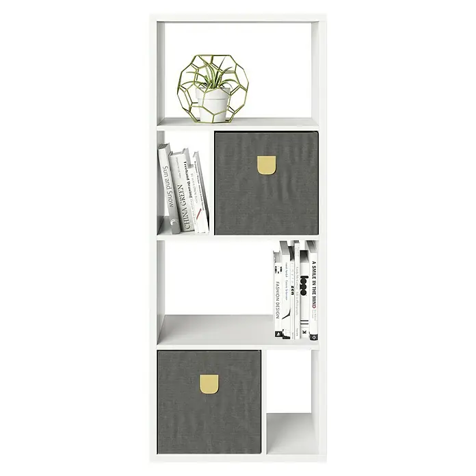 Phönix Fortuna Raumteiler mit Stauraumboxen - H x B x T: 146,6 x 58 x 34 cm, Weiß - Weißes Bücherregal mit Zimmerpflanze, Büchern und Aufbewahrungsboxen. Das Regal bietet stilvollen Stauraum und dekorative Elemente für Ihr Zuhause.