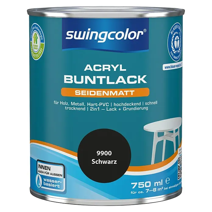 swingcolor Buntlack Acryl - Schwarz, Seidenmatt, 750 ml, Wasserbasiert - Dose Swingcolor Acryl Buntlack Seidenmatt 9900 Schwarz, geeignet für Holz, Metall, Hart-PVC, hochdeckend, schnell trocknend, 2in1 Lack+Grundierung.