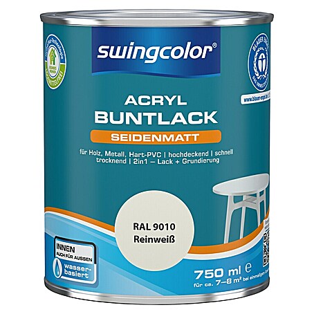 swingcolor Buntlack Acryl (Reinweiß, Seidenmatt, 750 ml, Wasserbasiert)