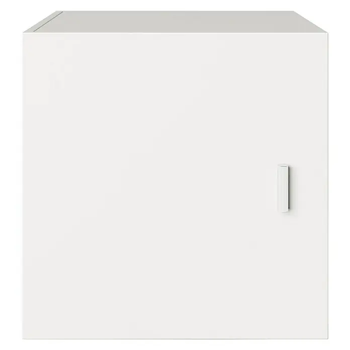 Phönix Fortuna Container - L x B x H: 33,4 x 34,1 x 34,1 cm, Weiß, Passend für: Phönix Regale Fortuna - Ein weißer, würfelförmiger Schrank mit einer minimalistischen Griffstange. Der Schrank ist schlicht und modern gestaltet.