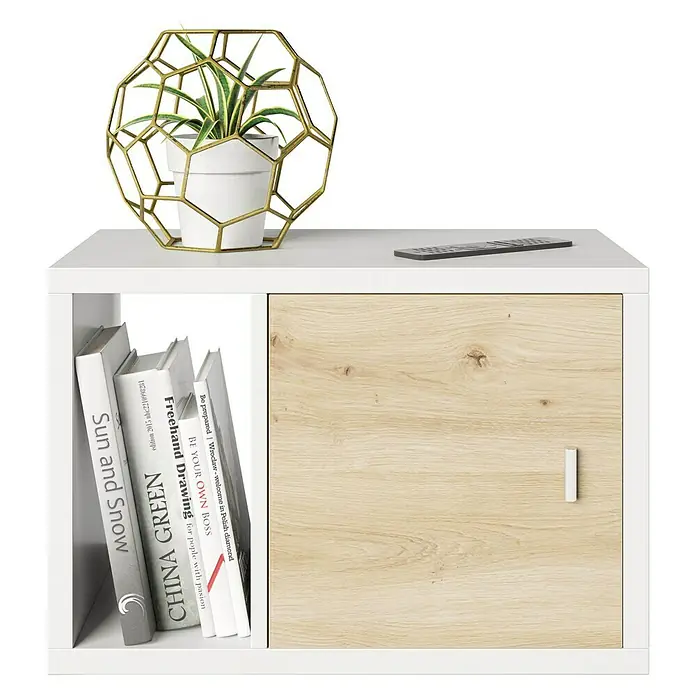 Phönix Fortuna Beistelltisch - L x B x H: 34 x 58 x 39,2 cm, Weiß, Mit Türeinsatz - Ein weißes Regal mit einer Pflanze, Büchern und einem Fach mit einer Holztür. Perfekt für Wohnzimmer oder Büro!