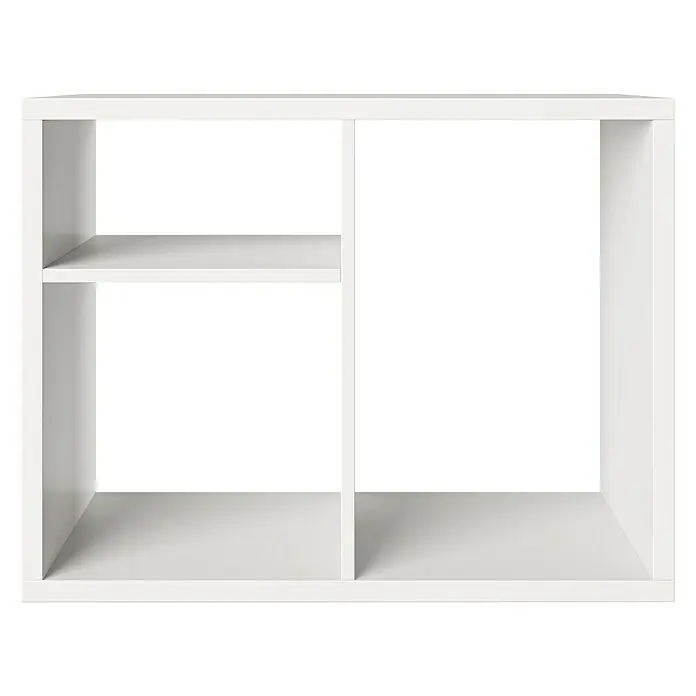 Phönix Fortuna Raumteiler - H x B x T: 57,9 x 75,1 x 34 cm, Weiß - Ein weißes, modernes Bücherregal mit mehreren Fächern, ideal für die Aufbewahrung von Büchern und Dekorationsgegenständen. Das Regal ist schlicht gestaltet.