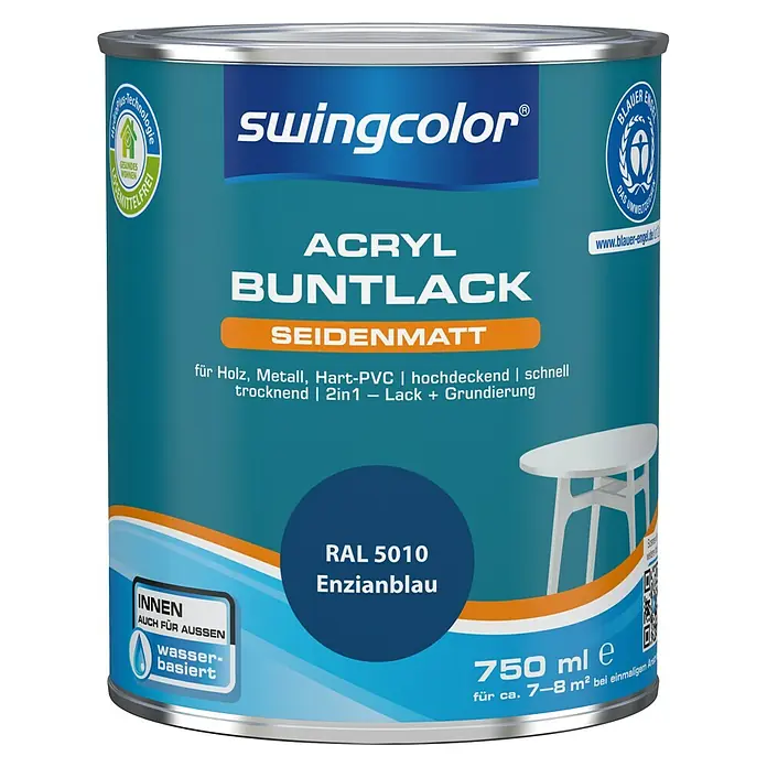 swingcolor Buntlack Acryl - Enzianblau, Seidenmatt, 750 ml, Wasserbasiert - Dose Swingcolor Acryl Buntlack Seidenmatt Enzianblau RAL 5010, 750 ml, geeignet für Holz, Metall, Hart-PVC. Für Innen- und Aussenbereiche, wasserbasiert.