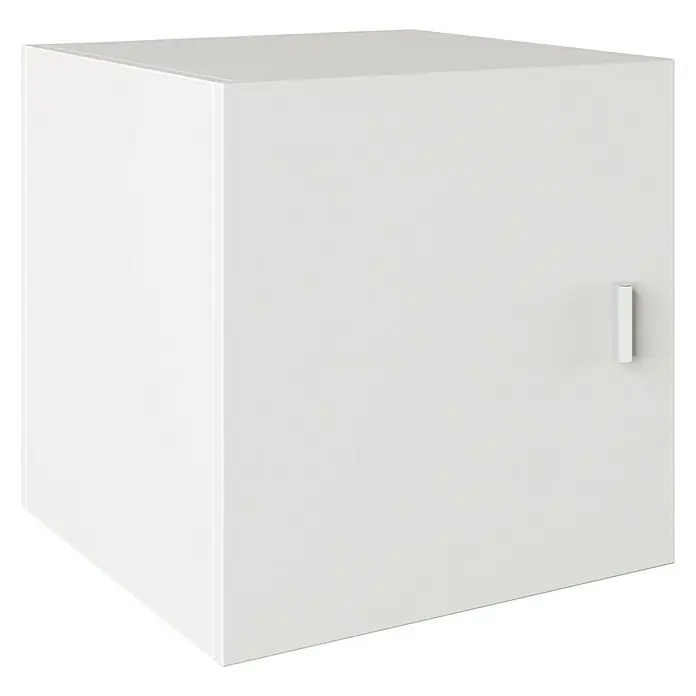 Phönix Fortuna Container - L x B x H: 33,4 x 34,1 x 34,1 cm, Weiß, Passend für: Phönix Regale Fortuna - Ein weißer, würfelförmiger Schrank mit einer vertikalen Griffleiste an der Tür ist auf einem schwarzen Untergrund dargestellt.