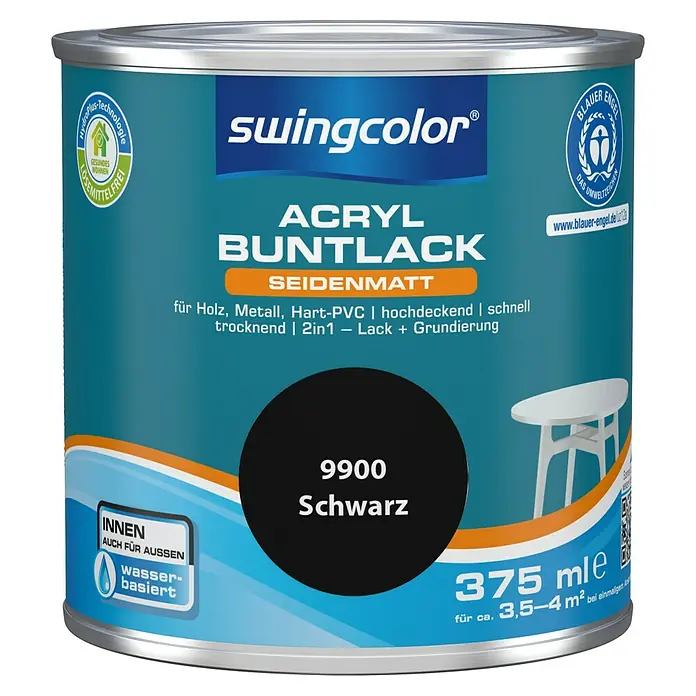 swingcolor Buntlack Acryl - Schwarz, Seidenmatt, 375 ml, Wasserbasiert - Dose Swingcolor Acryl Buntlack seidenmatt, Farbton 9900 Schwarz, für Holz, Metall, Hart-PVC. Wasserbasiert, für Innen- und Außenbereich geeignet.