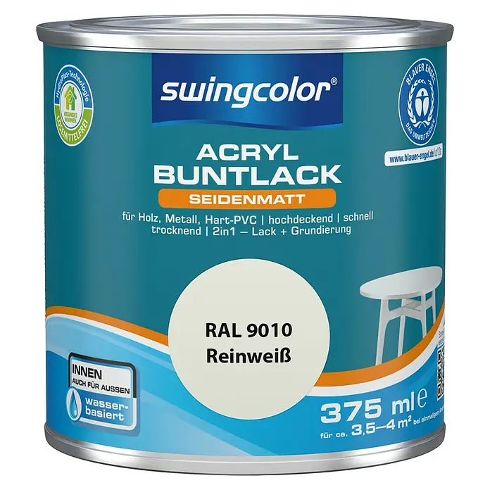 swingcolor Buntlack Acryl - Reinweiß, Seidenmatt, 375 ml, Wasserbasiert - Dose Swingcolor Acryl Buntlack seidenmatt, Farbton RAL 9010 Reinweiß. Geeignet für Holz, Metall, Hart-PVC, schnelltrocknend und als Lack und Grundierung in einem.