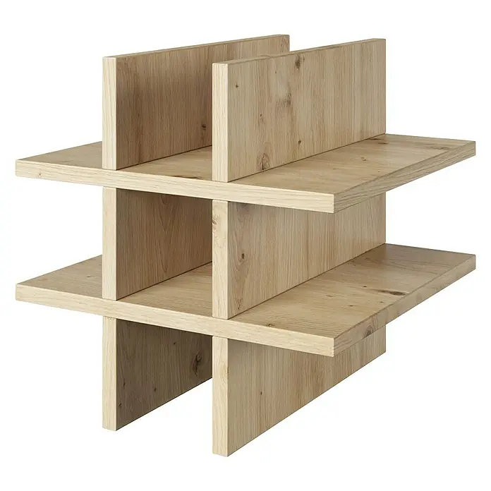 Phönix Fortuna Einsatz - L x B x H: 33,4 x 34,1 x 34,1 cm, Eiche, Holzwerkstoff - Nahaufnahme eines modernen Holzregals mit drei Ebenen und senkrechten Trennwänden, ideal für stilvolle Aufbewahrung und Raumgestaltung.