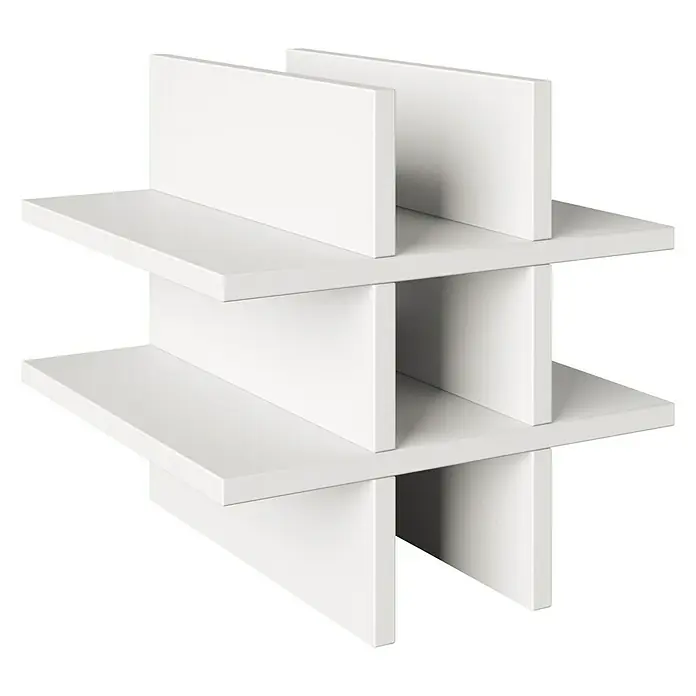 Phönix Fortuna Einsatz - L x B x H: 33,4 x 34,1 x 34,1 cm, Weiß, Holzwerkstoff - Nahaufnahme eines weißen, modernen Bücherregals mit drei Ablagen und vertikalen Trennwänden auf einem schwarzen Hintergrund.