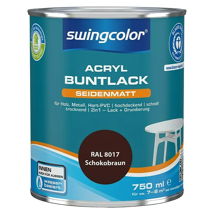 swingcolor Buntlack Acryl - Schokobraun, Seidenmatt, 750 ml, Wasserbasiert - Dose Swingcolor Acryl Buntlack Schokobraun (RAL 8017), seidenmatt, für Holz, Metall, Hart-PVC, hochdeckend, schnell trocknend, 750 ml.