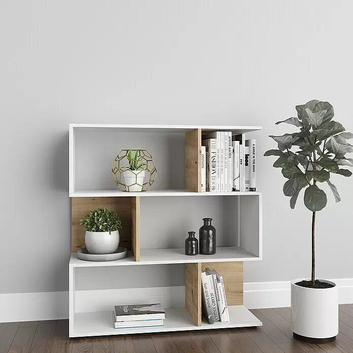 Phönix Holzregal Shelfy - H x B x T: 110 x 103 x 35,6 cm, Anzahl Böden: 4 Stk., Schrauben, Weiß/Eiche - Stimmungsaufnahme