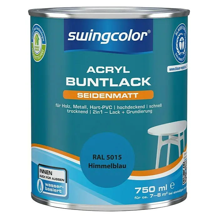 swingcolor Buntlack Acryl - Himmelblau, Seidenmatt, 750 ml, Wasserbasiert - Dose Acryl Buntlack seidenmatt von Swingcolor in Himmelblau (RAL 5015) für Holz, Metall und Hart-PVC. Ideal für Innen- und Außenbereiche.