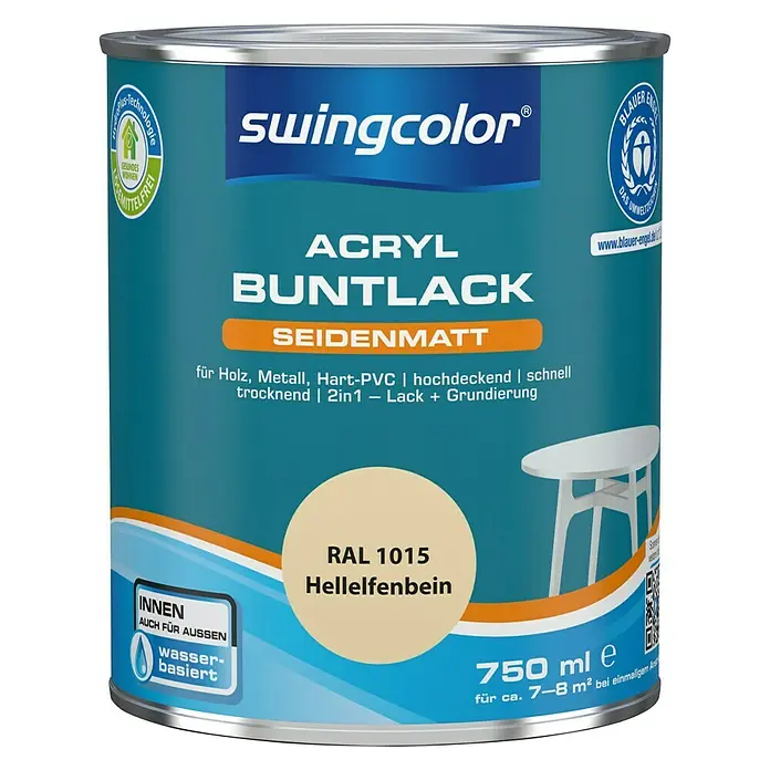 swingcolor Buntlack Acryl - Hellelfenbein, Seidenmatt, 750 ml, Wasserbasiert - Dose Acryl Buntlack Seidenmatt von Swingcolor in RAL 1015 Hellelfenbein, geeignet für Holz, Metall und Hart-PVC.