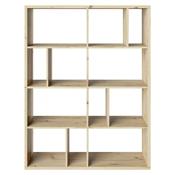 Phönix Fortuna Raumteiler - H x B x T: 146,6 x 112,5 x 34 cm, Anzahl Böden: 3 Stk., Eiche - Ein geräumiges, helles Holzregal mit Fächern unterschiedlicher Größe, ideal für Bücher und Dekoration.