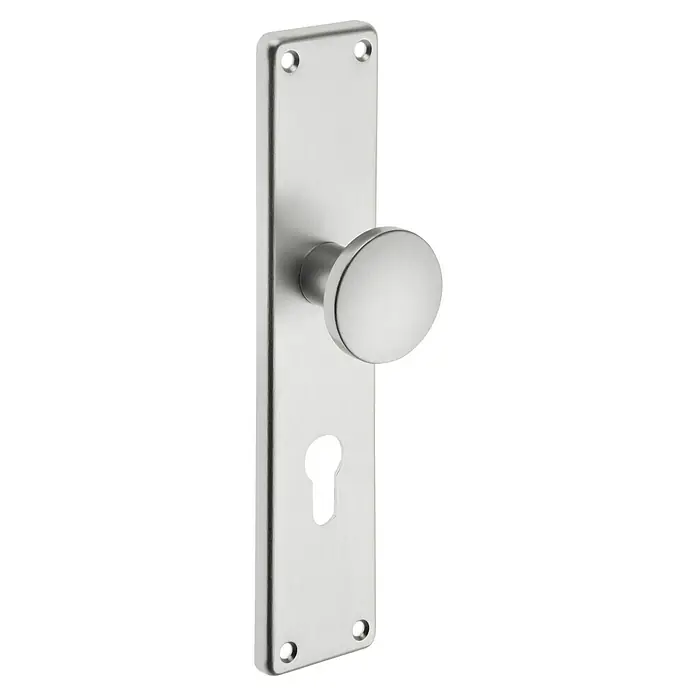 Portaferm Knopfkurzschild - Distanznorm: 72 mm, Edelstahl, Eckig - Elegante Türgarnitur aus satiniertem Nickel mit einem länglichen Schild und einem runden Knauf, ideal für stilvolle Innentüren.