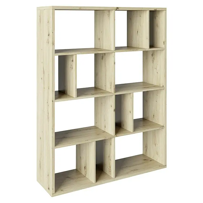 Phönix Fortuna Raumteiler - H x B x T: 146,6 x 112,5 x 34 cm, Anzahl Böden: 3 Stk., Eiche - Ein offenes, quadratisches Bücherregal aus hellem Holz mit mehreren Fächern zur Aufbewahrung von Büchern oder Dekoartikeln.