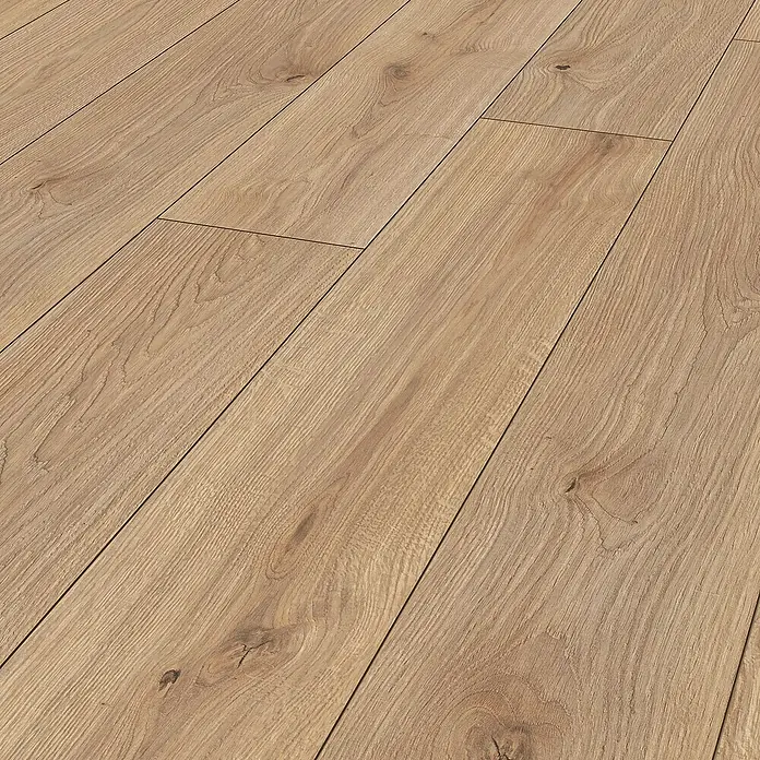 LOGOCLIC Aquaprotect Smart Laminat - Sogne Oak, Landhausdiele, 1.288 x 195 x 6 mm - Detailaufnahme eines hellen Laminatbodens mit natürlicher Holzmaserung. Ideal für ein warmes, einladendes Ambiente in jedem Raum.
