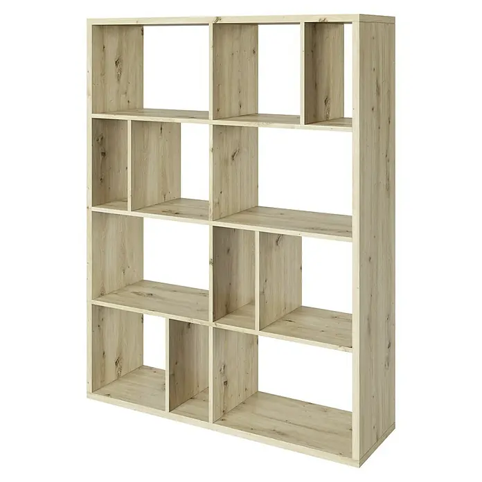 Phönix Fortuna Raumteiler - H x B x T: 146,6 x 112,5 x 34 cm, Anzahl Böden: 3 Stk., Eiche - Ein modernes, helles Holzregal mit offenen Fächern in verschiedenen Größen für stilvolle Aufbewahrung.