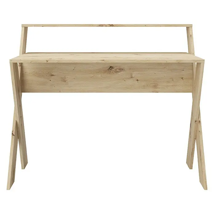 Phönix Schreibtisch Montreal - L x B x H: 65 x 115 x 95 cm, Eiche - Ein stilvoller Holzschreibtisch mit einem einzigartigen X-förmigen Beindesign und integriertem Regal. Ideal für ein modernes Arbeitszimmer.