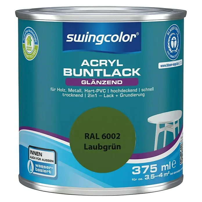 swingcolor Buntlack Acryl - Laubgrün, Glänzend, 375 ml, Wasserbasiert - Dose Swingcolor Acryl Buntlack Laubgrün 375 ml, glänzend für Holz, Metall und Hart-PVC. Schnell trocknend und lösemittelfrei, ideal für Innen- und Außenbereiche.
