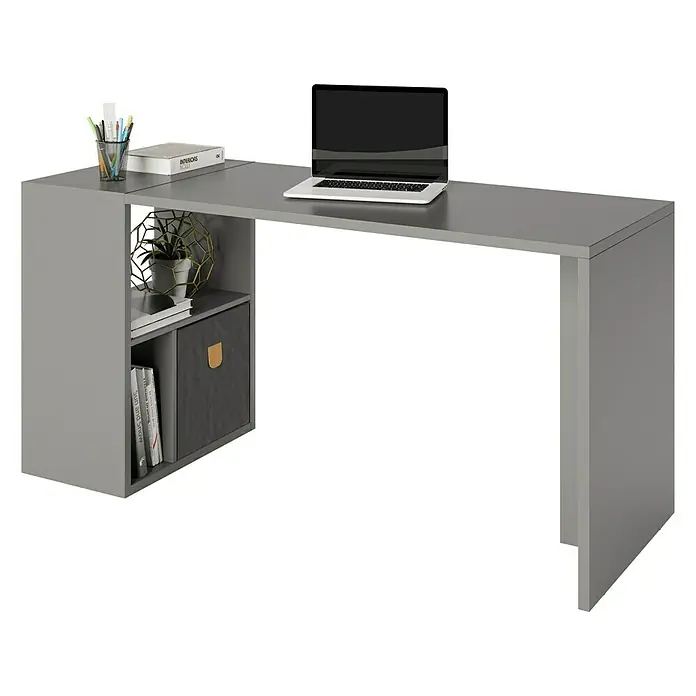 Phönix Fortuna Regalschreibtisch - L x B x H: 57,9 x 154 x 75 cm, Grau - Grauer Schreibtisch mit integriertem Regal und einem Laptop darauf, ideal für Arbeitszimmer oder Büro.