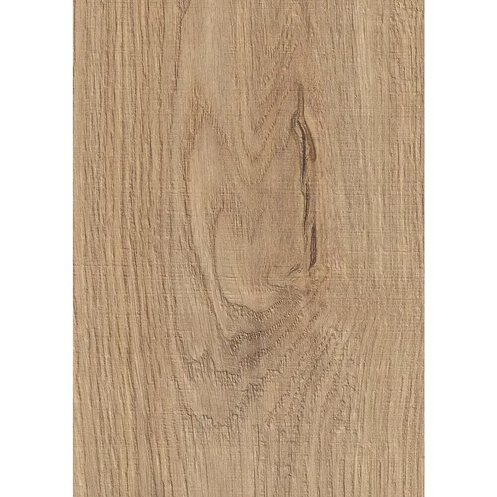 LOGOCLIC Aquaprotect Smart Laminat - Sogne Oak, Landhausdiele, 1.288 x 195 x 6 mm - Nahaufnahme einer Holzplatte mit markanter Maserung und einem Astloch, ideal für rustikale Möbeldesigns.