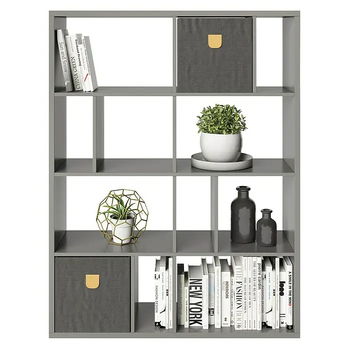 Phönix Fortuna Raumteiler mit Stauraumboxen - H x B x T: 146,6 x 112,5 x 34 cm, Grau - Das graue Bücherregal mit diversen Büchern, Pflanzen und Aufbewahrungsboxen bietet viel Stauraum und ist ein dekorativer Hingucker.