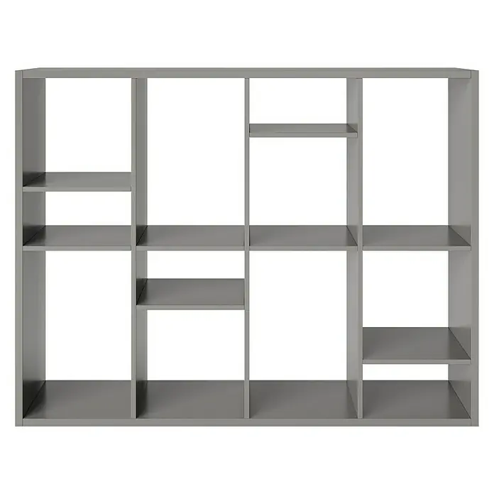 Phönix Fortuna Raumteiler - H x B x T: 146,6 x 112,5 x 34 cm, Anzahl Böden: 3 Stk., Grau - Ein graues Bücherregal mit mehreren Regalen unterschiedlicher Größe, ideal für die Organisation von Büchern und Dekorationen.