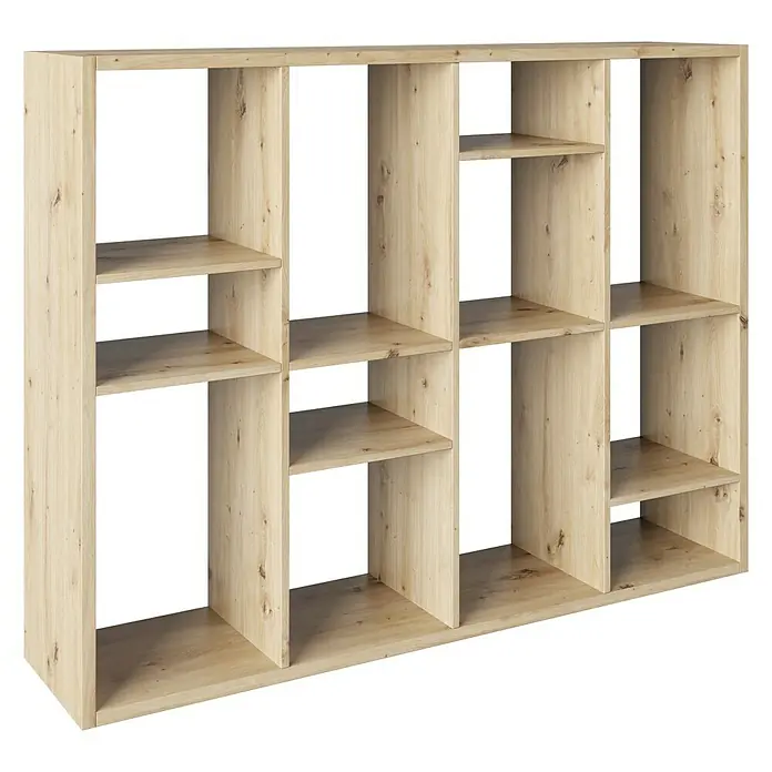 Phönix Fortuna Raumteiler - H x B x T: 146,6 x 112,5 x 34 cm, Anzahl Böden: 3 Stk., Eiche - Das Bild zeigt ein geräumiges Holzregal mit Fächern unterschiedlicher Größe, ideal zur Aufbewahrung und Präsentation von Gegenständen.