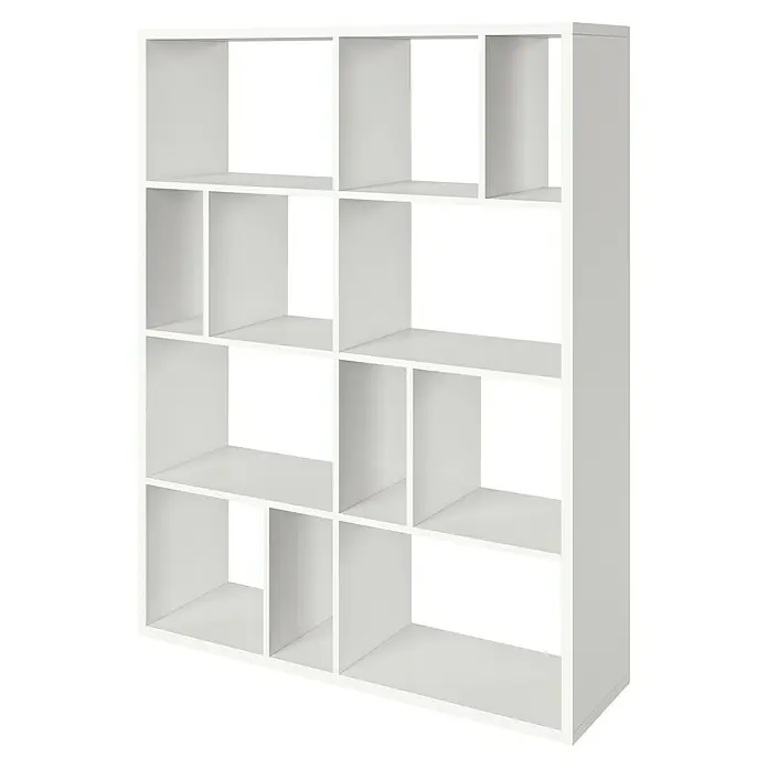 Phönix Fortuna Raumteiler - H x B x T: 146,6 x 112,5 x 34 cm, Anzahl Böden: 3 Stk., Weiß - Ein weißes, quadratisches Bücherregal mit mehreren Fächern unterschiedlicher Größe, das Stauraum bietet und sich vielseitig einsetzen lässt.