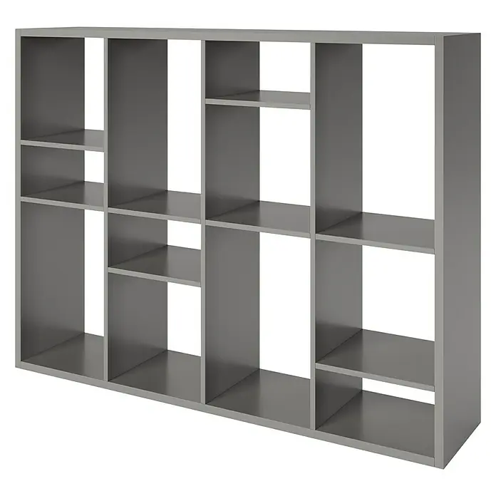 Phönix Fortuna Raumteiler - H x B x T: 146,6 x 112,5 x 34 cm, Anzahl Böden: 3 Stk., Grau - Graues Bücherregal mit offenen Fächern unterschiedlicher Größe zur Aufbewahrung von Büchern oder dekorativen Gegenständen.