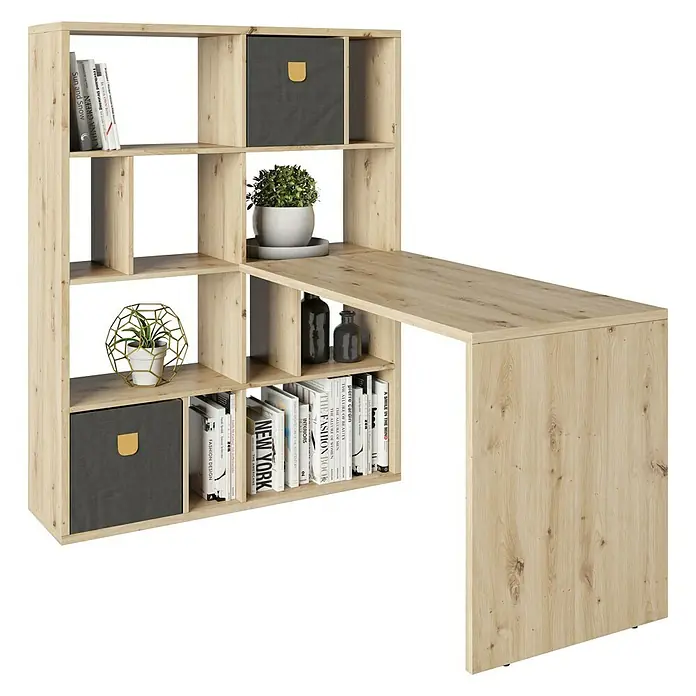 Phönix Fortuna RegalschreibtischEiche, Anzahl Fächer: 12 Stk. - Das Bild zeigt einen stilvollen Eckschreibtisch mit integriertem Regal in heller Holzoptik, ideal für moderne Arbeitsbereiche und Wohnräume.