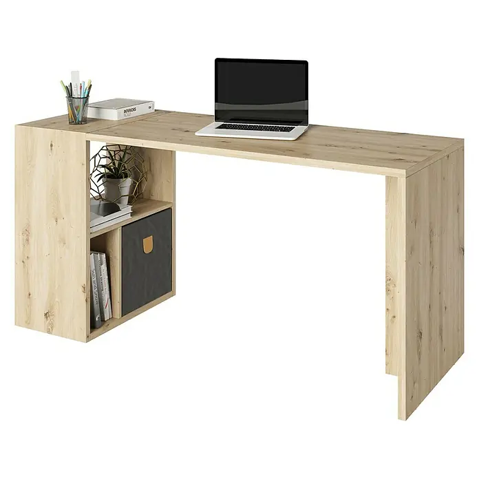 Phönix Fortuna Regalschreibtisch - L x B x H: 57,9 x 154 x 75 cm, Eiche - Ein moderner Holzschreibtisch mit integriertem Regal und einem Laptop auf der Arbeitsfläche. Ideal für Homeoffice und Arbeitszimmer.