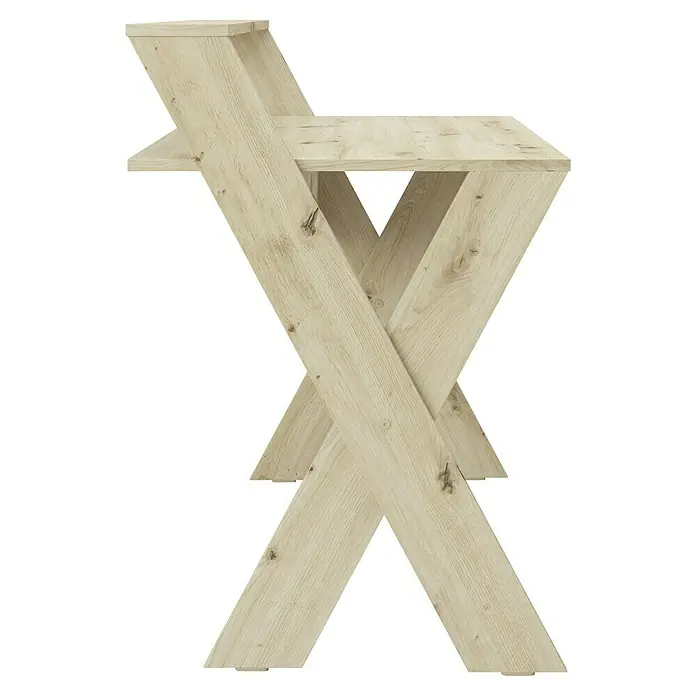 Phönix Schreibtisch Montreal - L x B x H: 65 x 115 x 95 cm, Eiche - Helles Holzmöbel mit einem X-förmigen Gestell und einer Tischplatte, die ein modernes und minimalistisches Design aufweist.