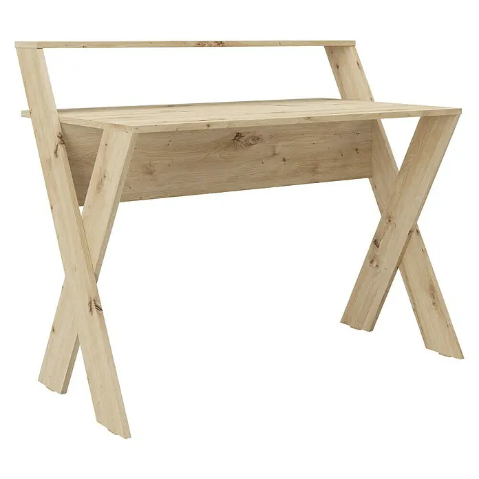 Phönix Schreibtisch Montreal - L x B x H: 65 x 115 x 95 cm, Eiche - Holzfarbener Schreibtisch mit Ablage und kreuzförmigem Gestell für modernes Arbeitszimmer.\n