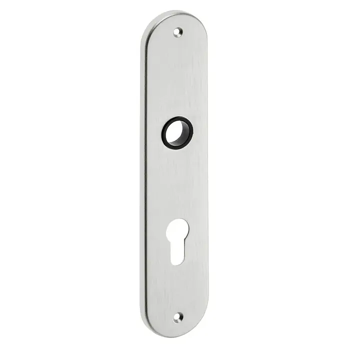 Portaferm Langschild - Distanznorm: 92 mm, Profilzylinder, Silber, Oval - Eine längliche, silberne Türschild-Abdeckung mit Löchern für Schrauben, ein Schlüsselloch und ein rundes Loch in der Mitte.