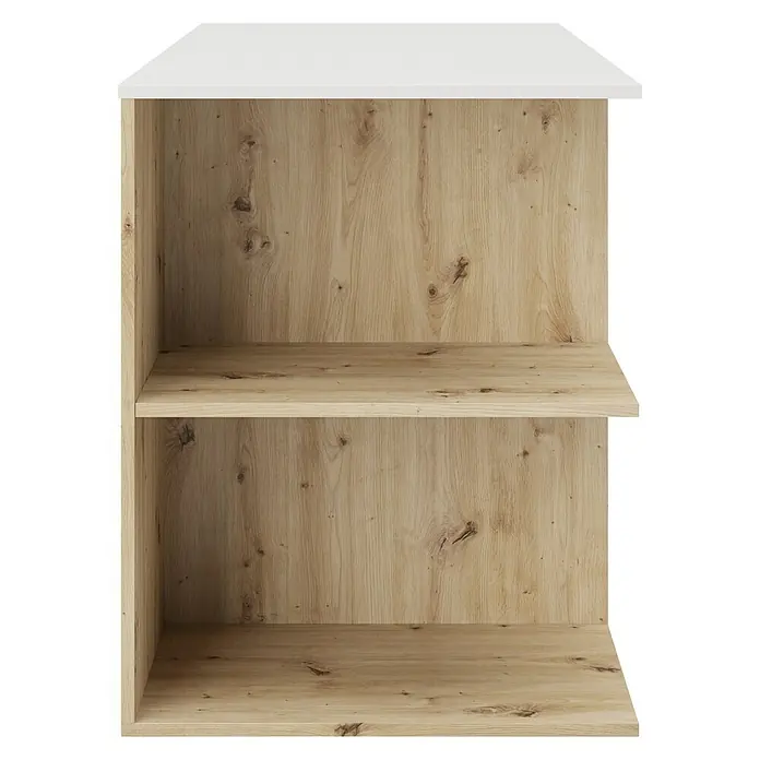 Phönix Schreibtisch Taipei - L x B x H: 60 x 120 x 75 cm, Weiß/Eiche - Aufnahme eines offenen Regals mit weißer Oberseite und Holzstruktur, ideal für die Aufbewahrung und Präsentation von Gegenständen.