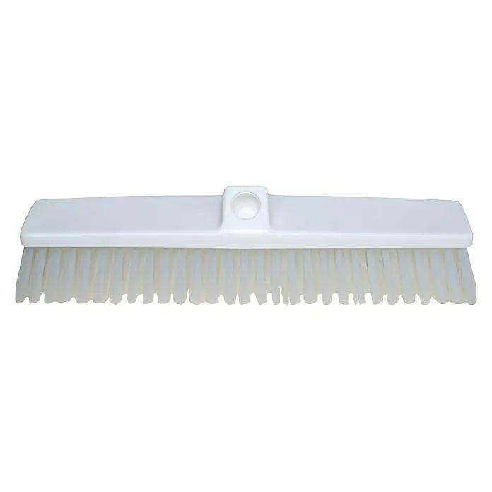 Haug Großraumbesen - Weiß, L x B x H: 6,3 x 38 x 5 cm, Material Borsten: Polyester PBT - Nahaufnahme eines weißen Schrubbers mit stabilen Borsten, ideal für effektive Reinigungsarbeiten und zur Pflege verschiedener Oberflächen.