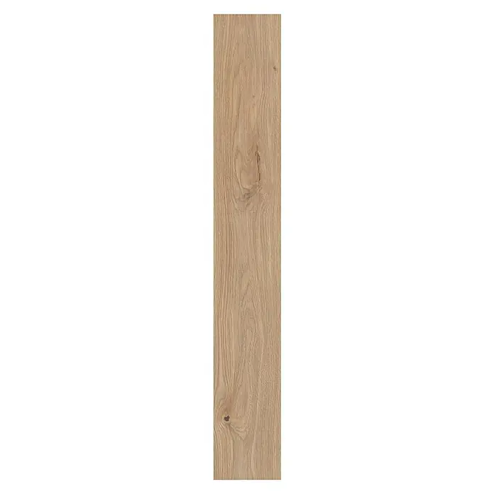 LOGOCLIC Aquaprotect Smart Laminat - Sogne Oak, Landhausdiele, 1.288 x 195 x 6 mm - Nahaufnahme eines einzelnen Holzpaneels mit einer hellbraunen Farbe, das die natürliche Maserung des Holzes und Knoten zeigt.