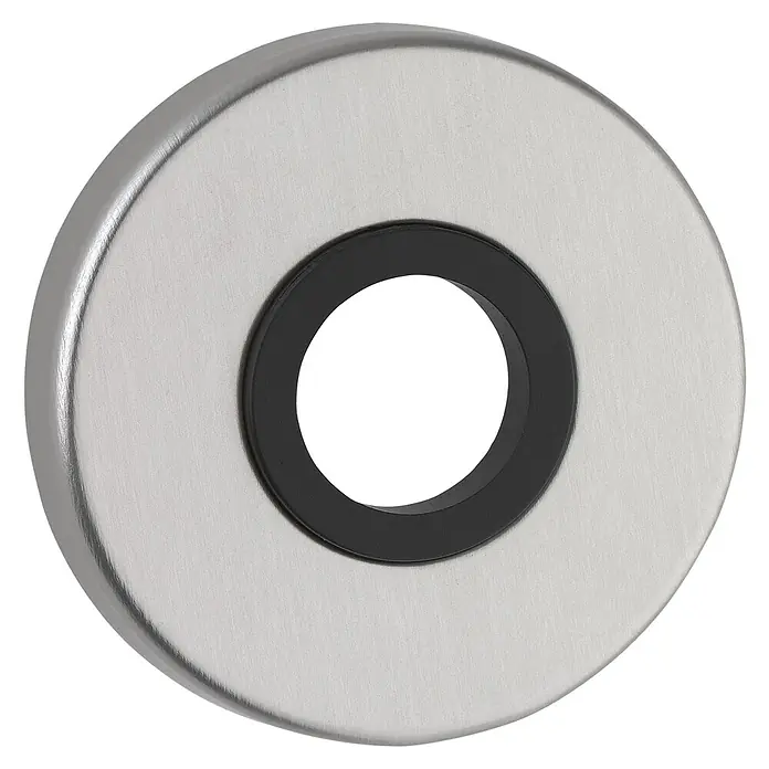Portaferm Drückerrosette - Durchmesser Rosette: 55 mm - Nahaufnahme einer runden, silbernen Rosette mit einer schwarzen, runden Öffnung in der Mitte, ideal für Sanitärinstallationen.