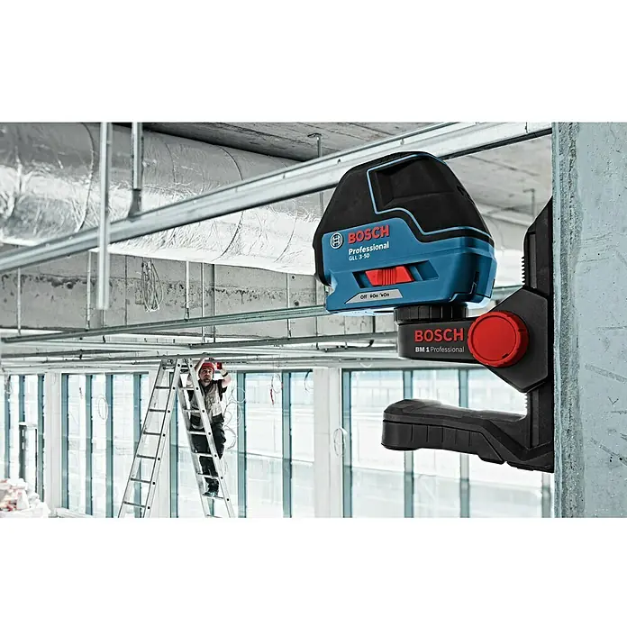 Bosch Professional Láser de línea GLL 3-50 - Zona de trabajo: 50 m (con receptor), 5 pzs. - Láser de líneas cruzadas Bosch GLL 3-50 Professional con soporte BM 1 Professional para nivelación precisa en la obra.