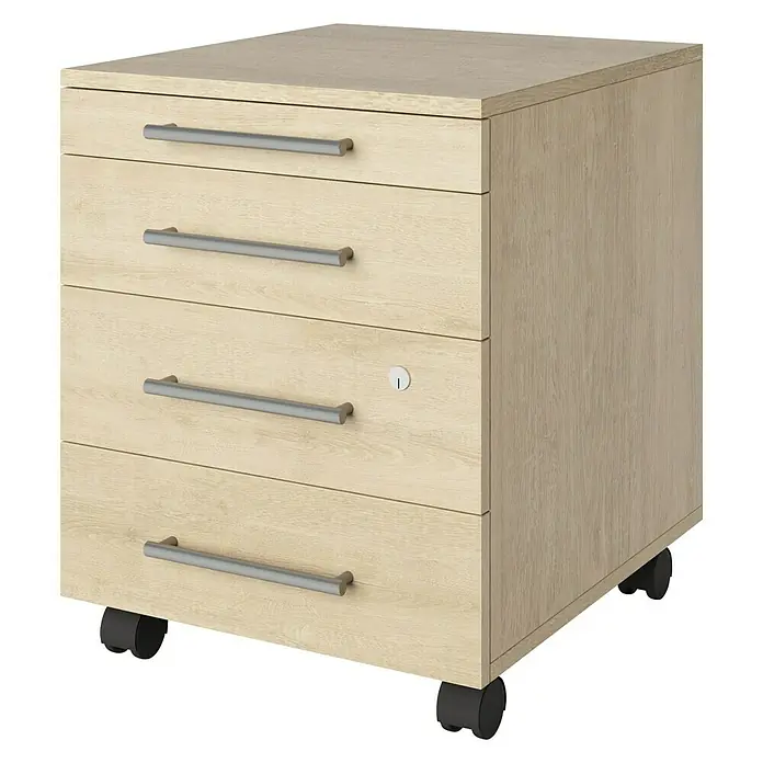 Phönix Rollcontainer Neo - L x B x H: 50 x 43 x 55,5 cm, Artisan Eiche, Anzahl Schubladen: 4 Stk. - Rollcontainer mit vier Schubladen und silbernen Griffen, ideal für das Büro zur Aufbewahrung von Dokumenten und Büromaterial.