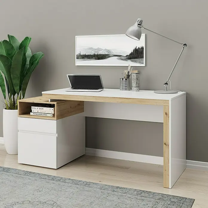 Phönix Schreibtisch Santiago - L x B x H: 60 x 160 x 76 cm - Moderner Schreibtisch mit weißer Tischplatte und Holzstruktur. Ein schönes Möbelstück für das Homeoffice oder Arbeitszimmer.