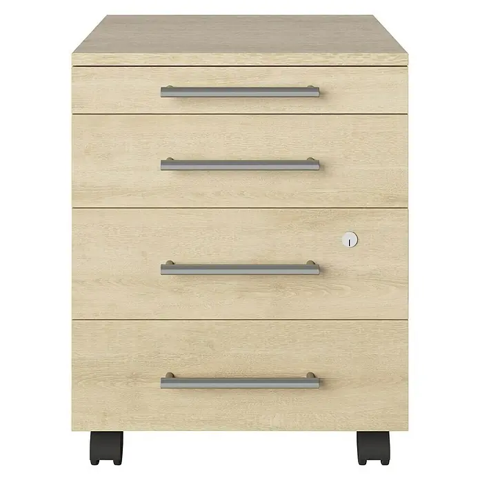 Phönix Rollcontainer Neo - L x B x H: 50 x 43 x 55,5 cm, Artisan Eiche, Anzahl Schubladen: 4 Stk. - Bild eines hellen Büroschrankes mit vier Schubladen und silbernen Griffen.