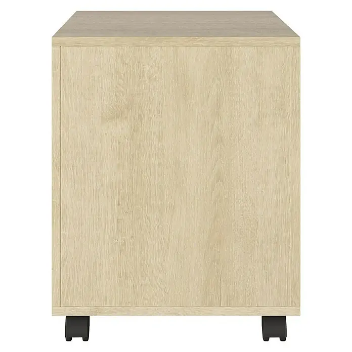 Phönix Rollcontainer Neo - L x B x H: 50 x 43 x 55,5 cm, Artisan Eiche, Anzahl Schubladen: 4 Stk. - Nahaufnahme eines hellen Holzschranks mit Rollen. Das schlichte Design und die natürlichen Farbtöne machen es zu einem stilvollen Aufbewahrungsmöbel.